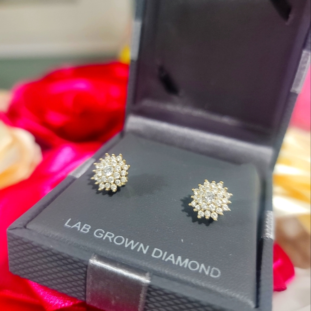 10k Sunburst Lab Grown Diamond Earrings - Picture 2 of 4